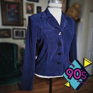 First Option Blazer Jacket Vintage 90s Navy Blue Faux Suede Small Indie Grunge